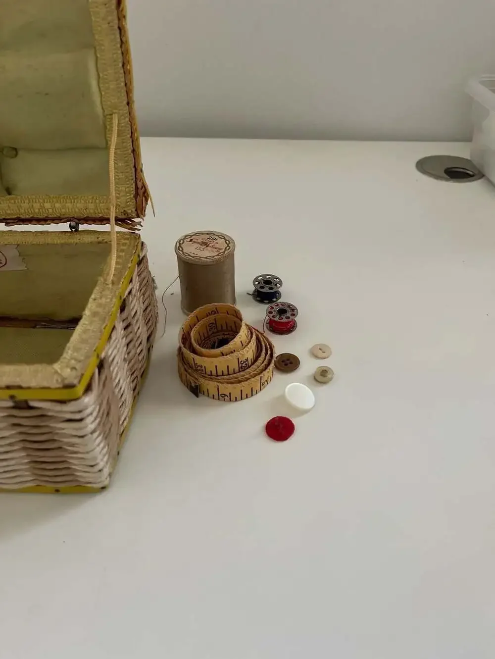 Vintage Dritz Woven Wicker Sewing Basket with Quilted Satin Lining Bright Yellow